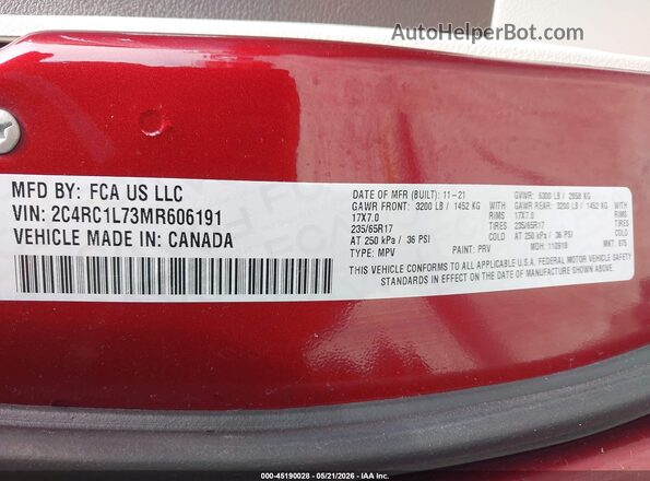 2C4RC1L73MR606191 2021 CHRYSLER PACIFICA Maroon Widok komory silnika