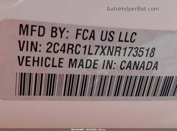 2C4RC1L7XNR173518 2022 CHRYSLER PACIFICA White 