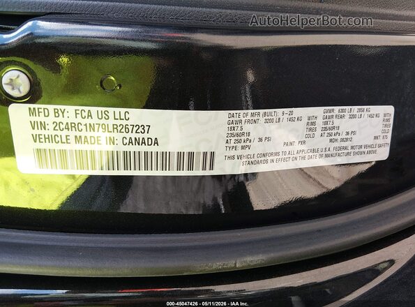2C4RC1N79LR267237 2020 CHRYSLER PACIFICA Black Widok komory silnika