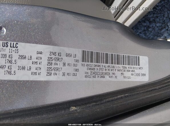 2C4RDGCG1GR184524 2016 DODGE GRAND CARAVAN Gray Вид підкапотного простору