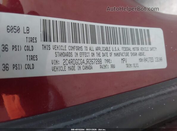 2C4RDGCG4JR267288 2018 DODGE GRAND CARAVAN Maroon Engine compartment view