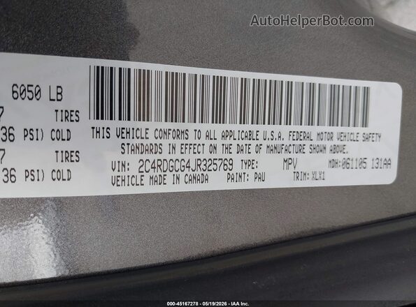 2C4RDGCG4JR325769 2018 DODGE GRAND CARAVAN Gray 