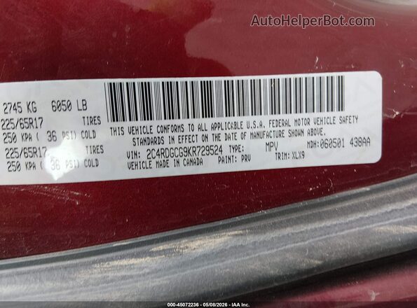 2C4RDGCG9KR729524 2019 DODGE GRAND CARAVAN Maroon Vista del compartimento del motor