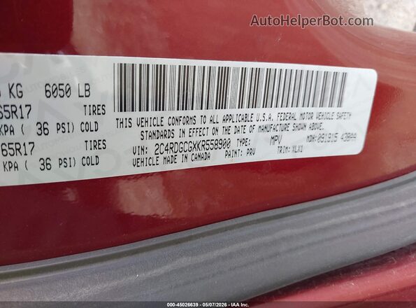 2C4RDGCGXKR558900 2019 DODGE GRAND CARAVAN Темно-бордовый Вид подкапотного пространства