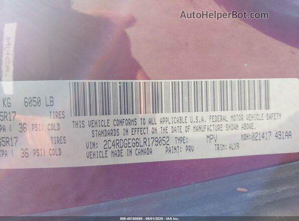 2C4RDGEG6LR179052 2020 DODGE GRAND CARAVAN Red Вид підкапотного простору