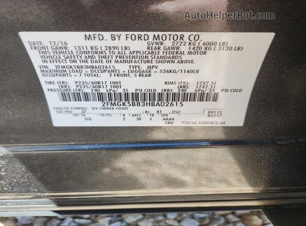 2FMGK5B83HBA02615 2017 FORD FLEX Charcoal 360 interior view