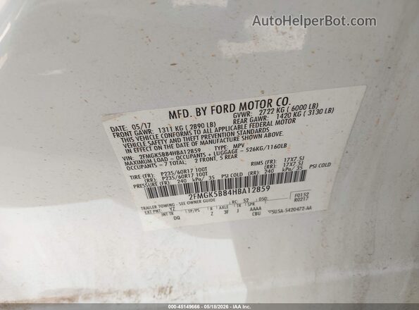 2FMGK5B84HBA12859 2017 FORD FLEX White Vista del compartimento del motor