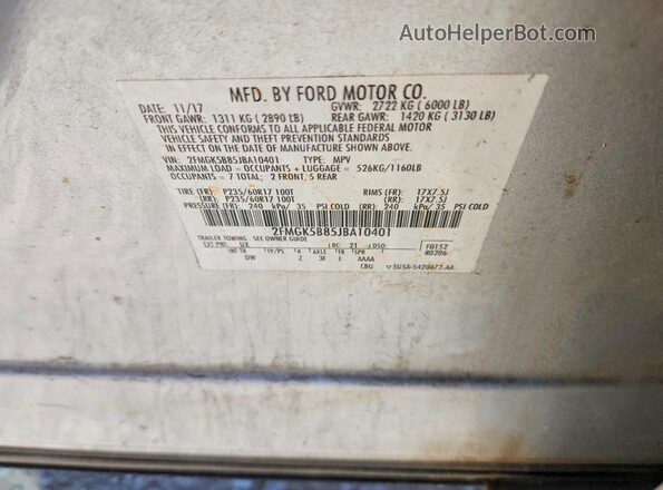 2FMGK5B85JBA10401 2018 FORD FLEX Silver VIN კოდის სტიკერის ხედი