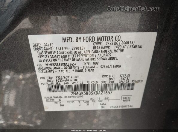 2FMGK5B85KBA21657 2019 FORD FLEX Серый 