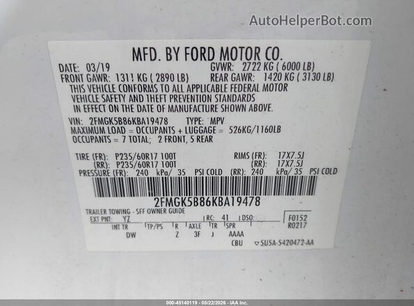 2FMGK5B86KBA19478 2019 FORD FLEX White Engine compartment view