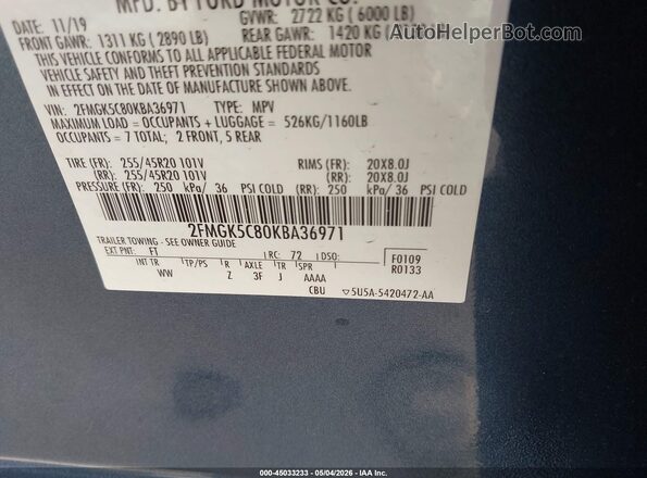 2FMGK5C80KBA36971 2019 FORD FLEX Blue Engine compartment view