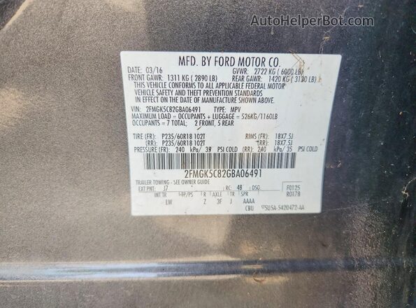 2FMGK5C82GBA06491 2016 FORD FLEX Gray Вид наклейки з VIN-кодом