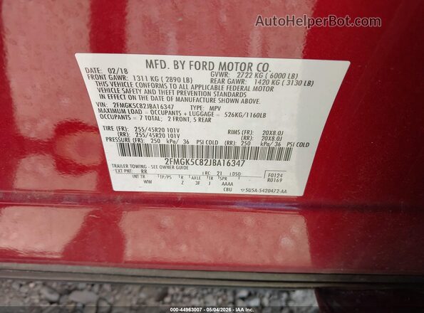 2FMGK5C82JBA16347 2018 FORD FLEX Red Engine compartment view