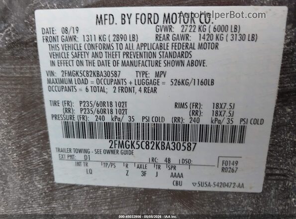 2FMGK5C82KBA30587 2019 FORD FLEX Brown ძრავის განყოფილების ხედი