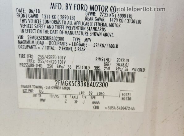 2FMGK5C83KBA02300 2019 FORD FLEX Белый Вид наклейки с VIN-кодом