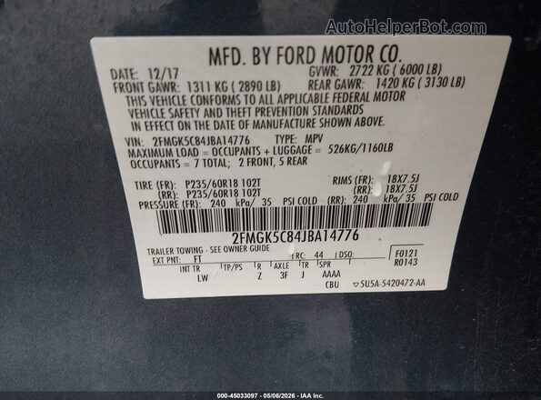 2FMGK5C84JBA14776 2018 FORD FLEX Blue Widok komory silnika