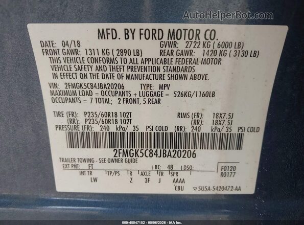 2FMGK5C84JBA20206 2018 FORD FLEX Синий Вид подкапотного пространства