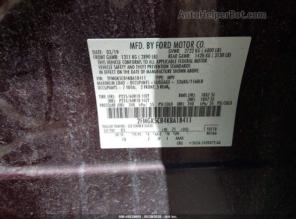 2FMGK5C84KBA18411 2019 FORD FLEX Burgundy Widok komory silnika