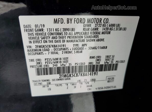 2FMGK5C87KBA14191 2019 FORD FLEX Black 