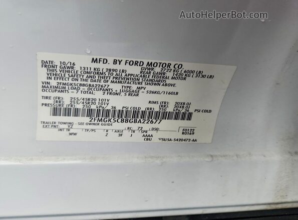 2FMGK5C88GBA22677 2016 FORD FLEX White VIN კოდის სტიკერის ხედი