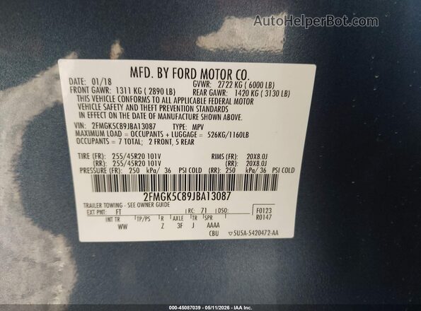 2FMGK5C89JBA13087 2018 FORD FLEX Blue 