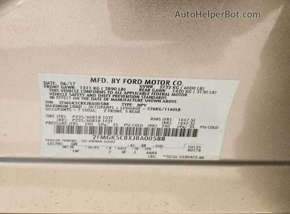 2FMGK5C8XJBA00588 2018 FORD FLEX Желто-коричневый 
