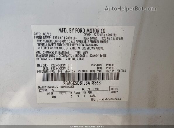2FMGK5D81JBA18363 2018 FORD FLEX White Engine compartment view