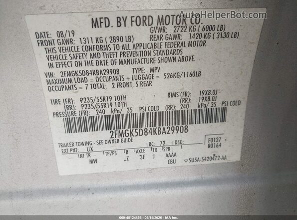 2FMGK5D84KBA29908 2019 FORD FLEX Silver ძრავის განყოფილების ხედი