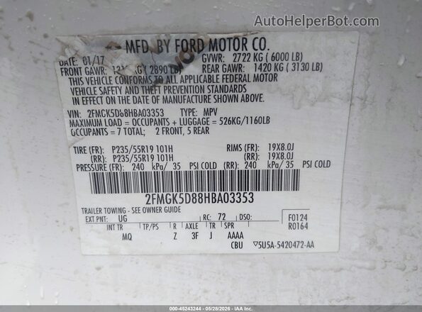 2FMGK5D88HBA03353 2017 FORD FLEX White Вид підкапотного простору