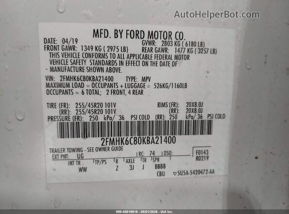 2FMHK6C80KBA21400 2019 FORD FLEX White Widok komory silnika