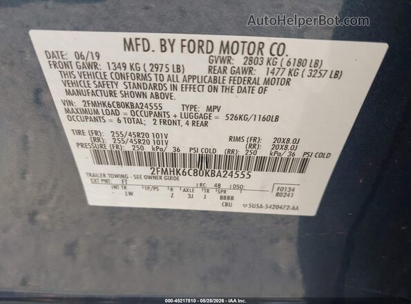 2FMHK6C80KBA24555 2019 FORD FLEX Blue ძრავის განყოფილების ხედი