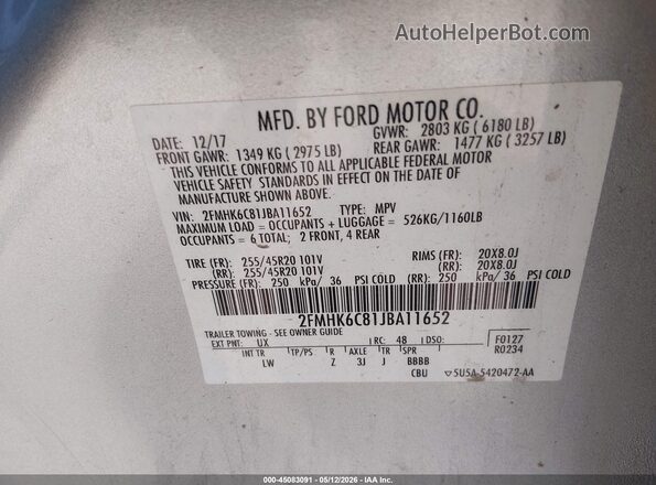 2FMHK6C81JBA11652 2018 FORD FLEX Silver Շարժիչի բաժամունքի տեսք