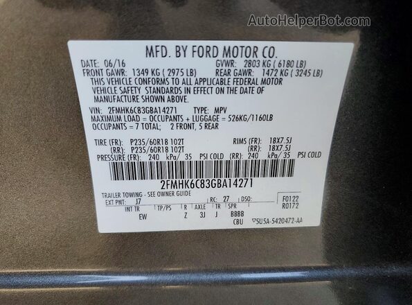 2FMHK6C83GBA14271 2016 FORD FLEX Серый Панорамный вид салона 360°