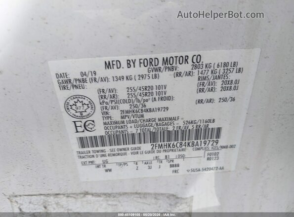 2FMHK6C84KBA19729 2019 FORD FLEX White Շարժիչի բաժամունքի տեսք