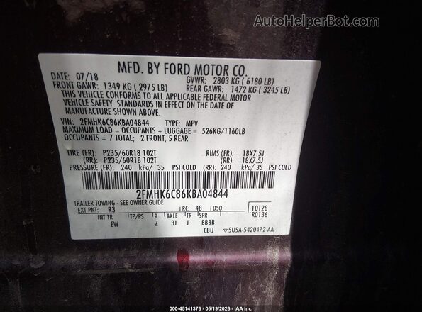2FMHK6C86KBA04844 2019 FORD FLEX Burgundy Շարժիչի բաժամունքի տեսք