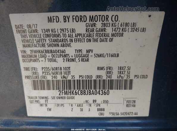 2FMHK6C88JBA04360 2018 FORD FLEX Blue Vista del compartimento del motor