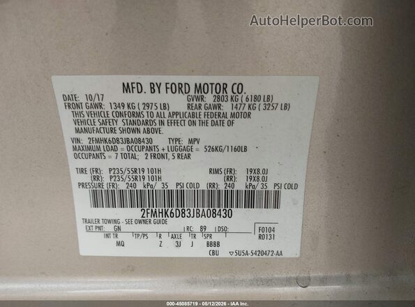 2FMHK6D83JBA08430 2018 FORD FLEX Champagne Вид підкапотного простору