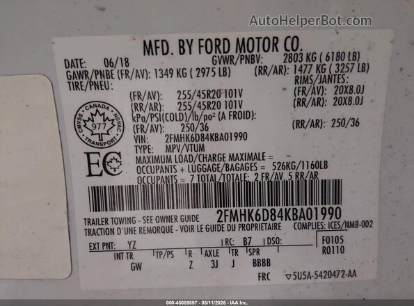 2FMHK6D84KBA01990 2019 FORD FLEX White Engine compartment view