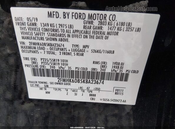 2FMHK6D85KBA23674 2019 FORD FLEX Black Вид підкапотного простору