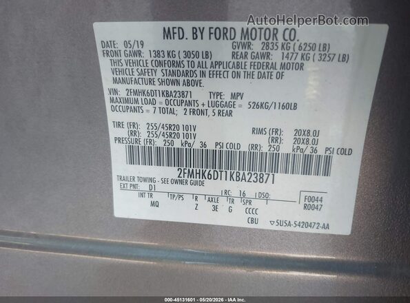 2FMHK6DT1KBA23871 2019 FORD FLEX Gray Вид підкапотного простору