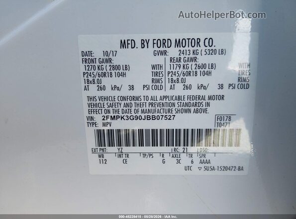 2FMPK3G90JBB07527 2018 FORD EDGE White ძრავის განყოფილების ხედი