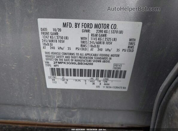 2FMPK3G90LBB34200 2020 FORD EDGE Silver Շարժիչի բաժամունքի տեսք