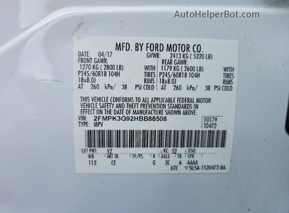 2FMPK3G92HBB88508 2017 FORD EDGE White Панорамний вид салону 360°