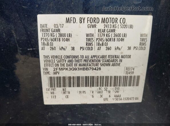 2FMPK3G93HBB79428 2017 FORD EDGE Blue Engine compartment view