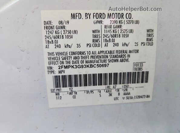 2FMPK3G93KBC50697 2019 FORD EDGE Белый Вид наклейки с VIN-кодом