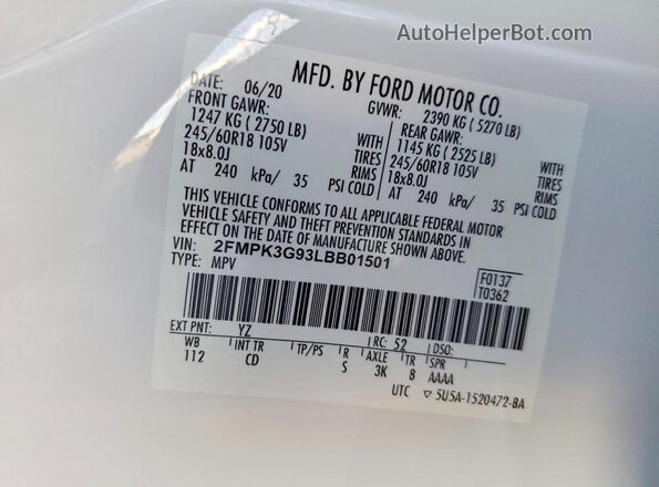 2FMPK3G93LBB01501 2020 FORD EDGE Белый Вид наклейки с VIN-кодом