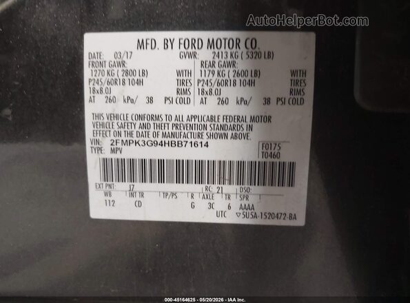 2FMPK3G94HBB71614 2017 FORD EDGE Gray ძრავის განყოფილების ხედი