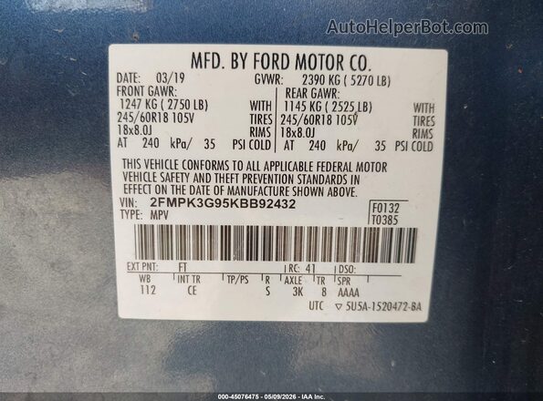 2FMPK3G95KBB92432 2019 FORD EDGE Blue Engine compartment view