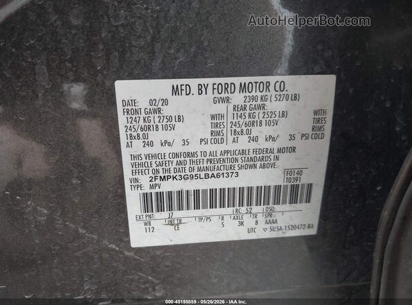 2FMPK3G95LBA61373 2020 FORD EDGE Gray Вид підкапотного простору