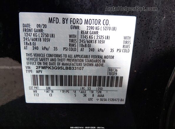 2FMPK3G95LBB33107 2020 FORD EDGE Black Engine compartment view